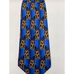 Lanvin Paris Men Blue Gold Art Deco Print Silk Neck Tie